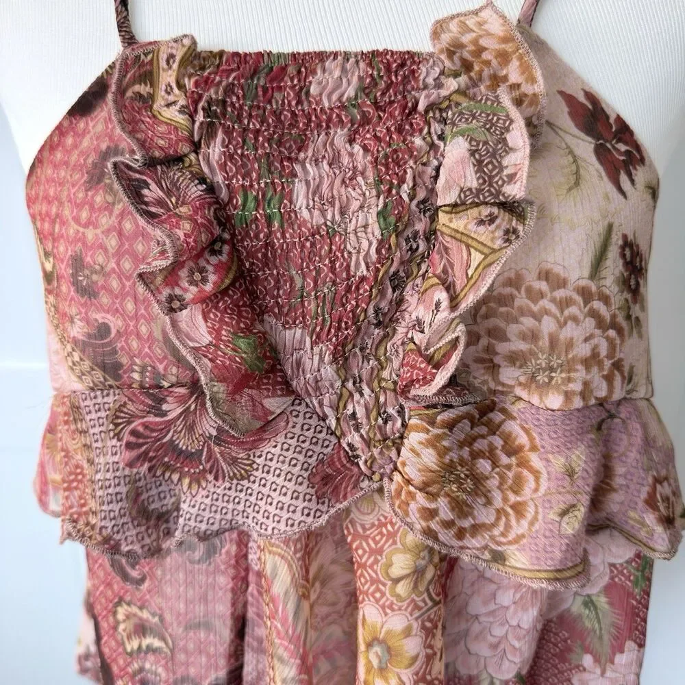 Patchwork Floral Ruffle Tiered Cami Top S MNG Mango Boho Smocked Peplum Summer - Picture 5 of 16